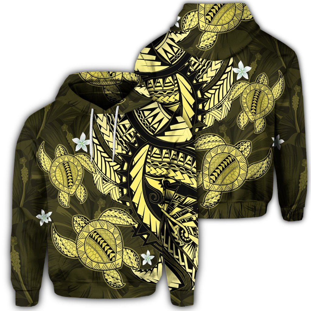 Hawaiian Polynesian Turtle Hibiscus Hoodie Yelow Unisex Art - Polynesian Pride