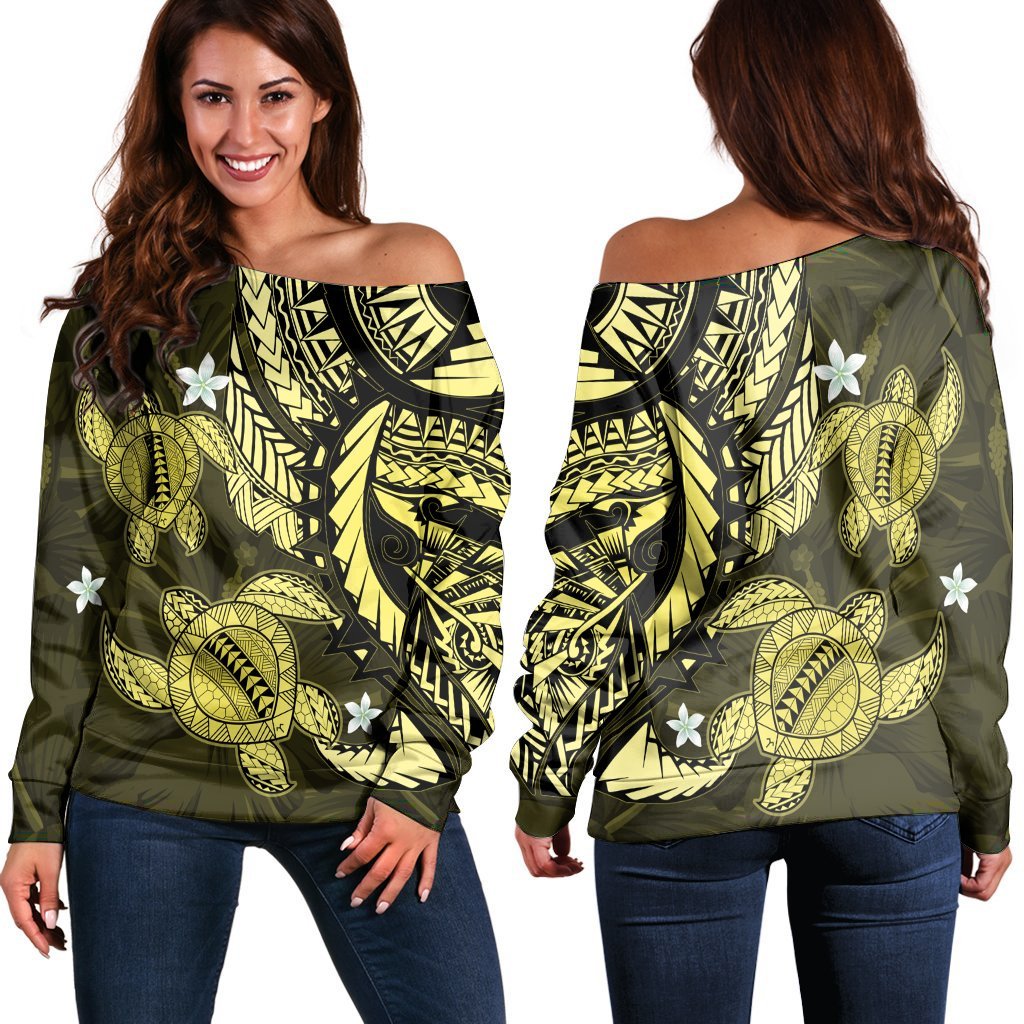 Hawaii Polynesian Turtle Hibiscus Women's Off Shoulder Sweater - Yelow - AH Black - Polynesian Pride