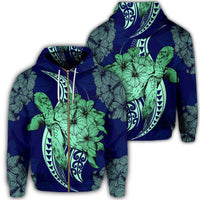 Hawaii Zip Hoodie Polynesian Turtle with Hibiscus Unisex Art - Polynesian Pride