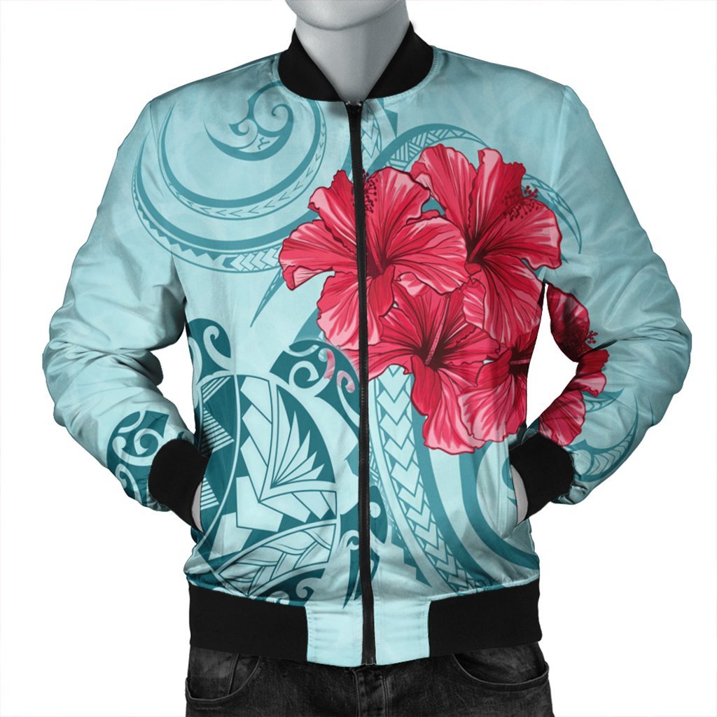 Hawaii Polynesian Turtle Hibiscus Blue Bomber Jacket - Bless Style - AH Black Unisex - Polynesian Pride