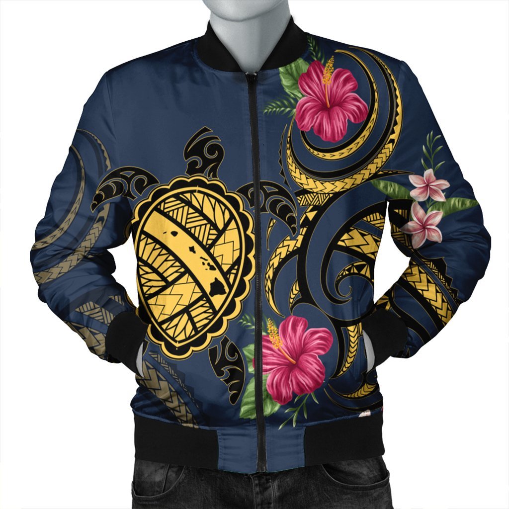 Hawaii Polynesian Turtle Hibiscus Plumeria Bomber Jacket - Nane Style - AH Black Unisex - Polynesian Pride