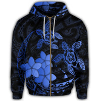 Hawaii Zip Hoodie Polynesian Turtle with Plumeria Pog Style Blue - Polynesian Pride