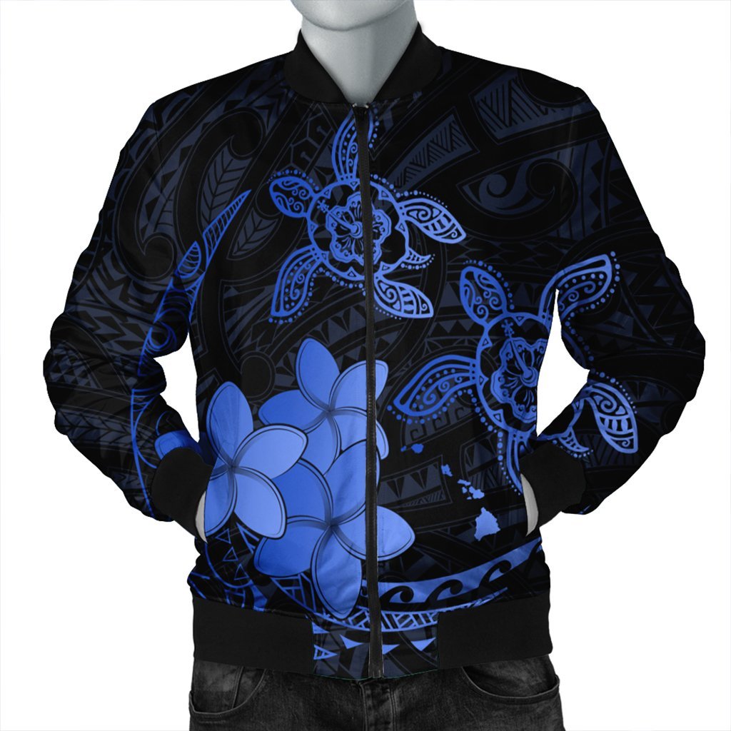 Hawaii Polynesian Turtle Plumeria Bomber Jacket - Pog Style Blue - AH Black Unisex - Polynesian Pride