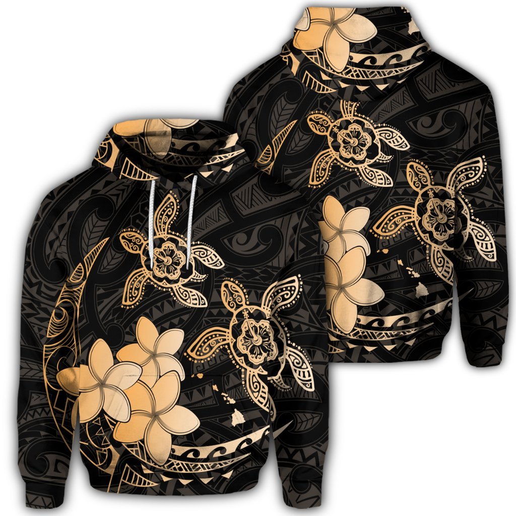 Hawaiian Polynesian Turtle Plumeria Hoodie Pog Style Gold Unisex Art - Polynesian Pride