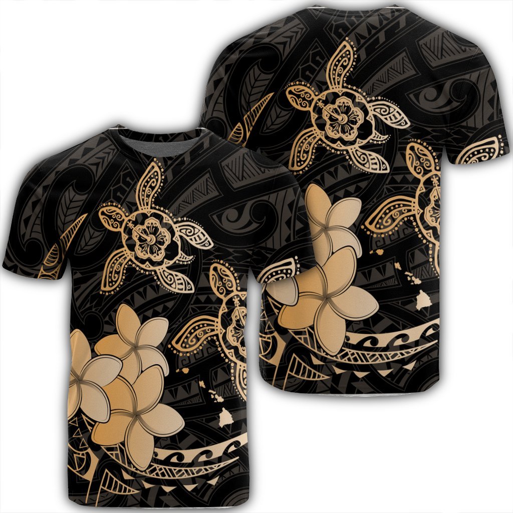 Hawaii Polynesian Turtle Plumeria T Shirt Pog Style Gold Unisex Black - Polynesian Pride