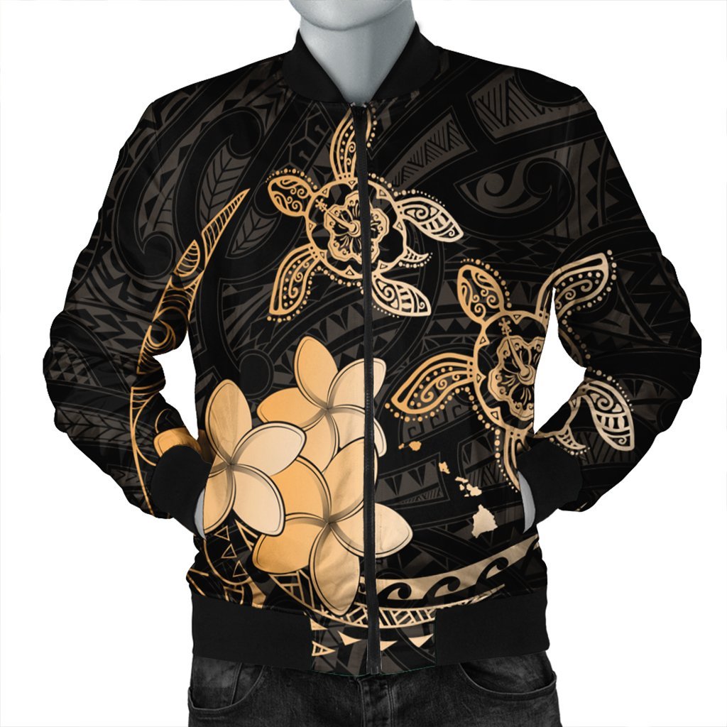 Hawaii Polynesian Turtle Plumeria Bomber Jacket - Pog Style Gold - AH Black Unisex - Polynesian Pride