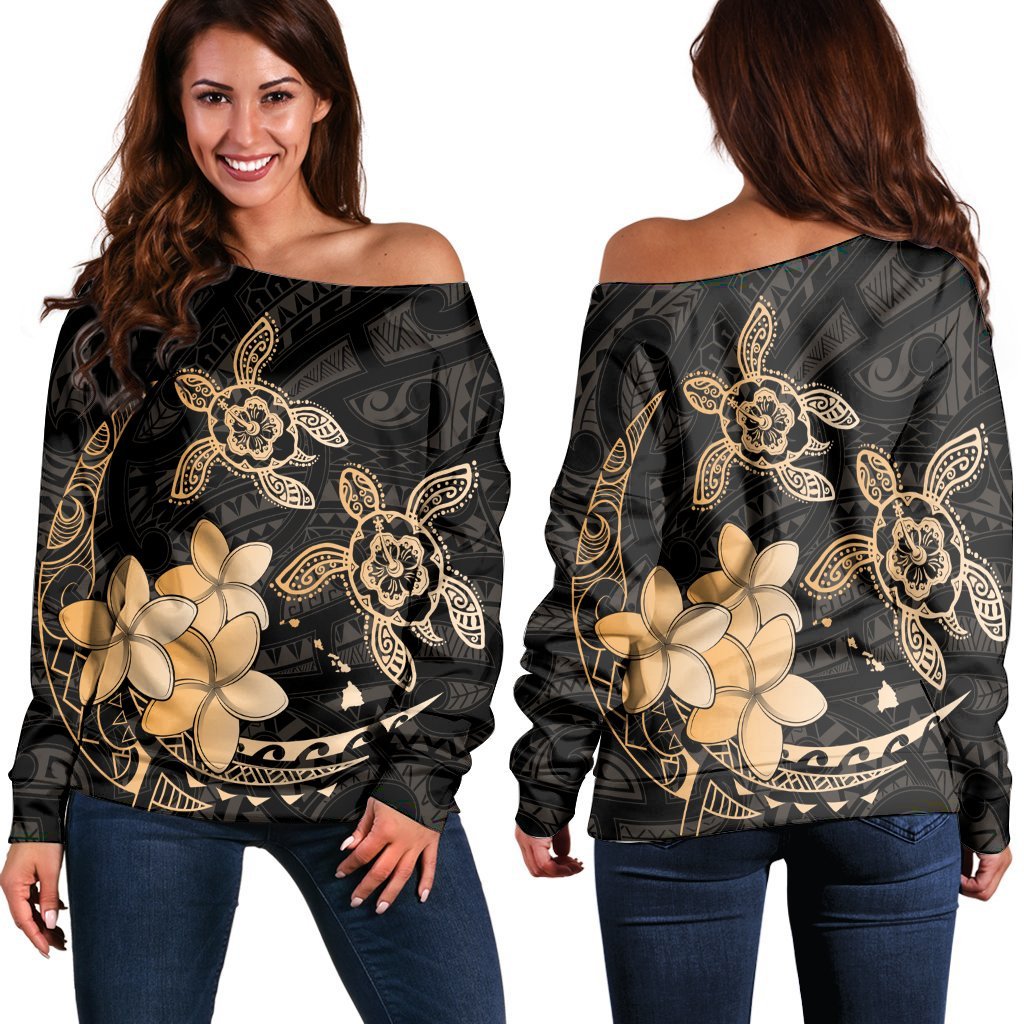 Hawaii Polynesian Turtle Plumeria Women's Off Shoulder Sweater - Pog Style Gold - AH Black - Polynesian Pride