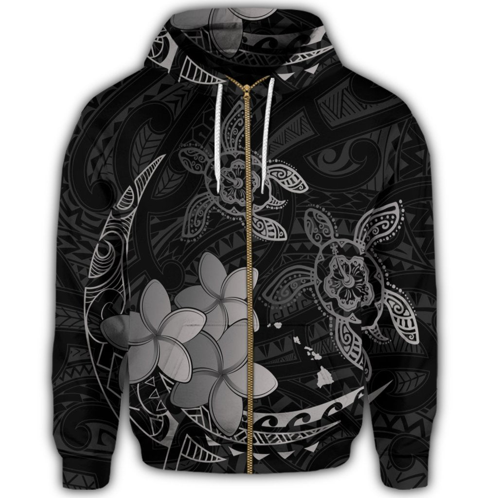 Hawaii Zip Hoodie Polynesian Turtle with Plumeria Pog Style Gray - Polynesian Pride
