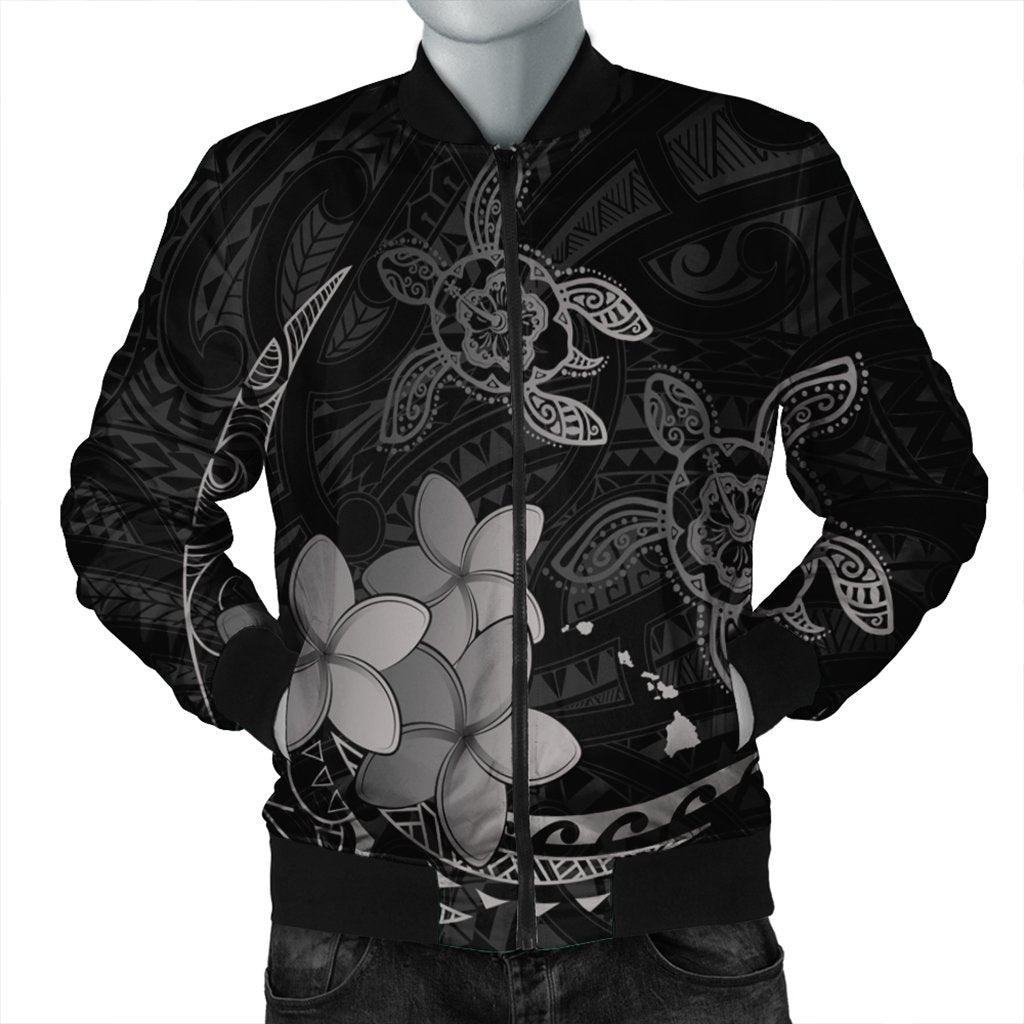 Hawaii Polynesian Turtle Plumeria Bomber Jacket - Pog Style Gray - AH Black Unisex - Polynesian Pride