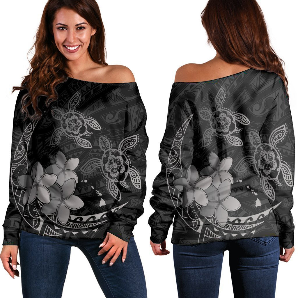 Hawaii Polynesian Turtle Plumeria Women's Off Shoulder Sweater - Pog Style Gray - AH Black - Polynesian Pride