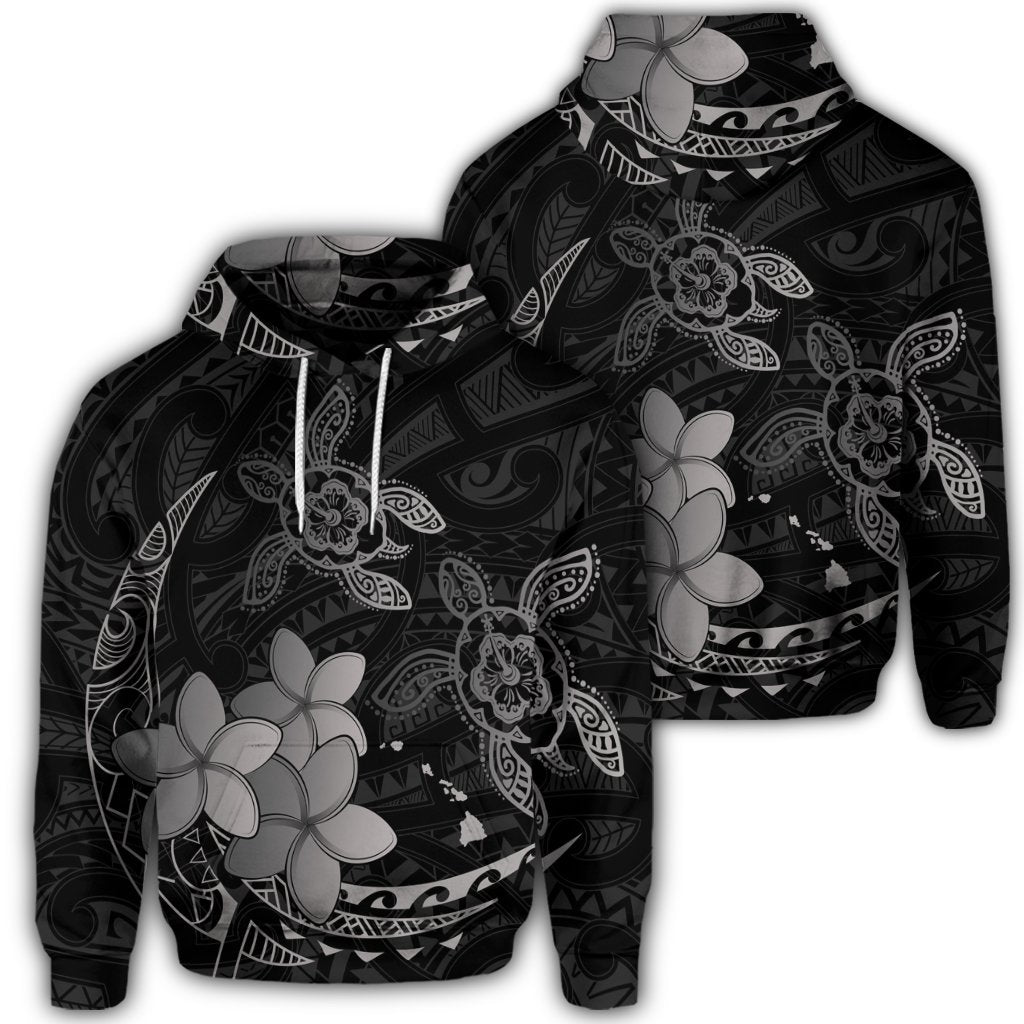 Hawaiian Polynesian Turtle Plumeria Hoodie Pog Style Gray Unisex Art - Polynesian Pride