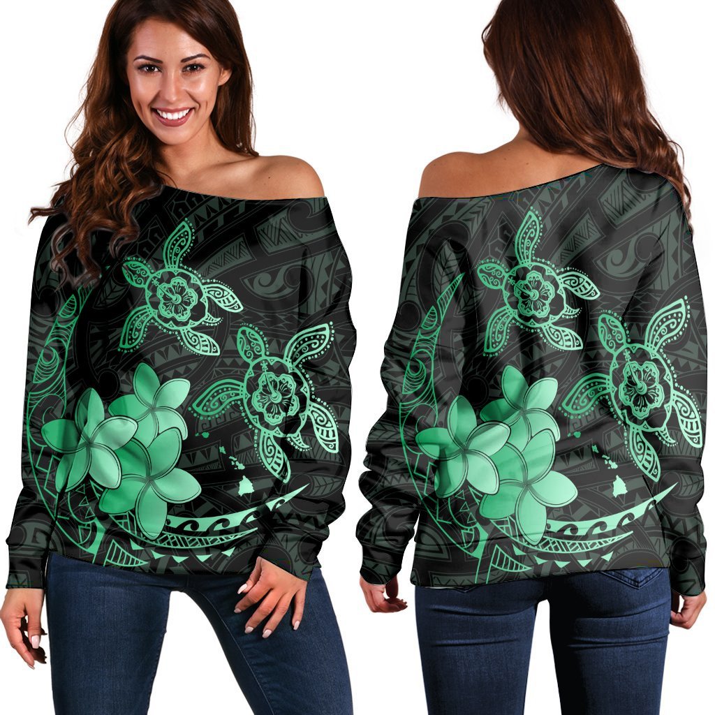 Hawaii Polynesian Turtle Plumeria Women's Off Shoulder Sweater - Pog Style Green - AH Black - Polynesian Pride