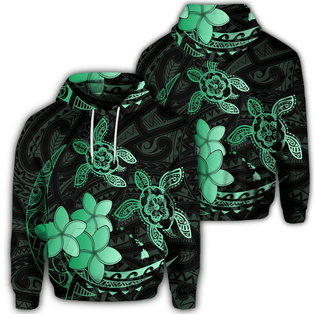 Hawaiian Polynesian Turtle Plumeria Hoodie Pog Style Green Unisex Art - Polynesian Pride