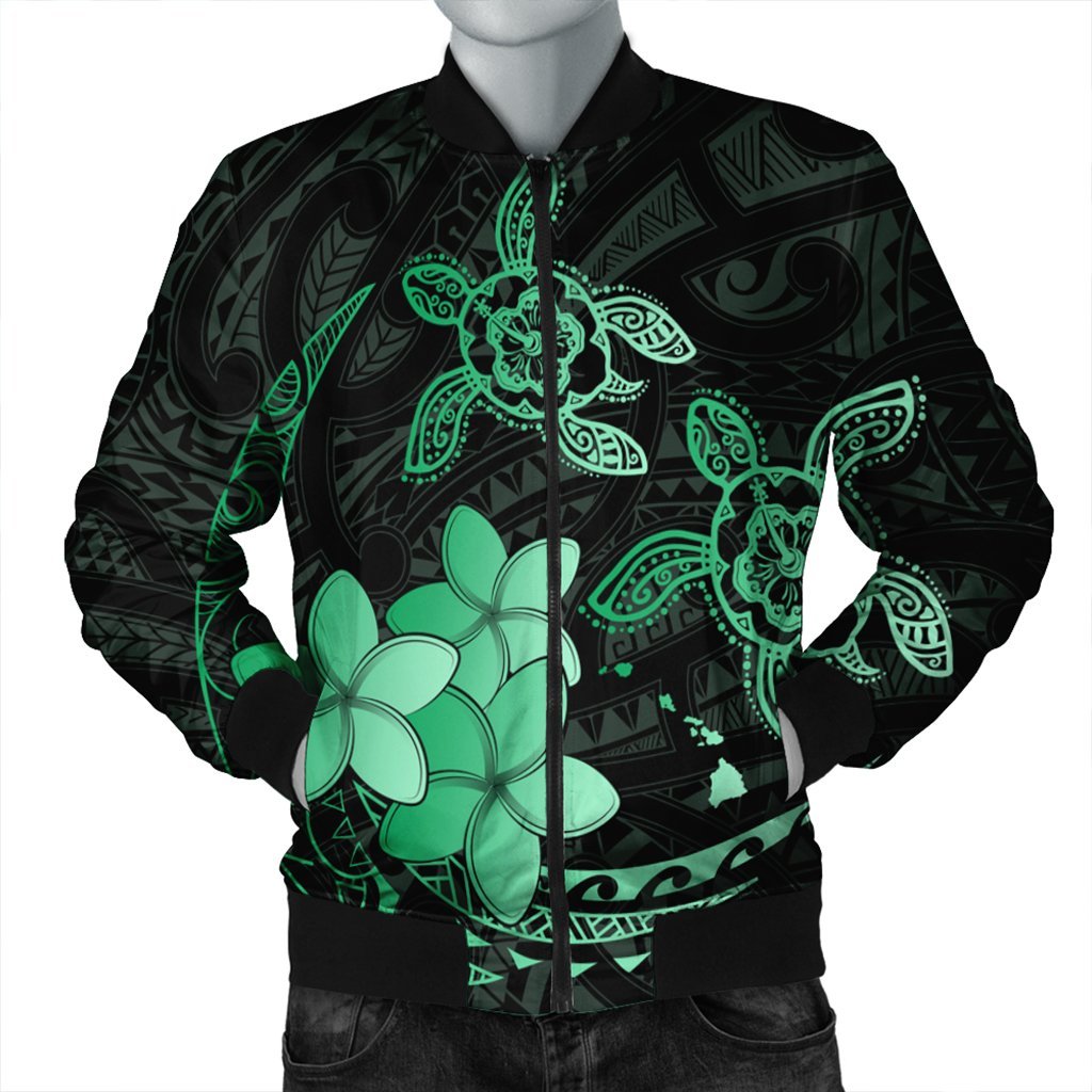 Hawaii Polynesian Turtle Plumeria Bomber Jacket - Pog Style Green - AH Black Unisex - Polynesian Pride