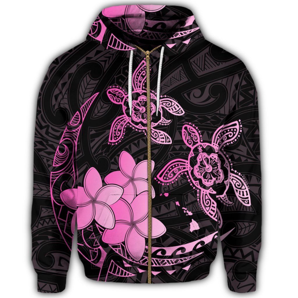 Hawaii Zip Hoodie Polynesian Turtle with Plumeria Pog Style Pink - Polynesian Pride
