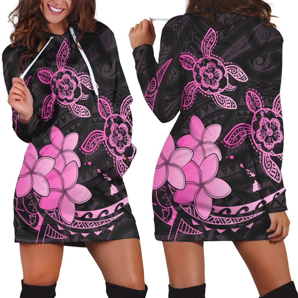 Hawaii Polynesian Turtle Plumeria Hoodie Dress - Pog Style Pink - AH Black - Polynesian Pride