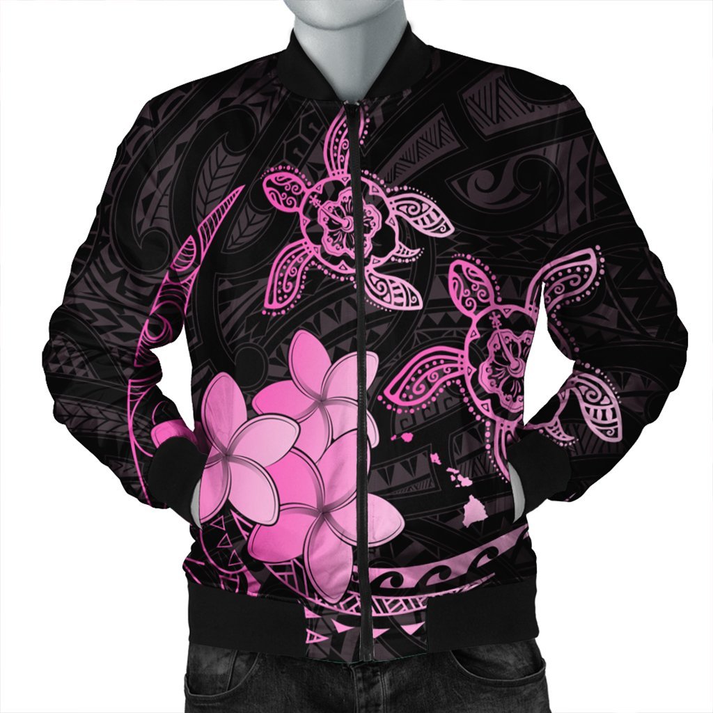 Hawaii Polynesian Turtle Plumeria Bomber Jacket - Pog Style Pink - AH Black Unisex - Polynesian Pride