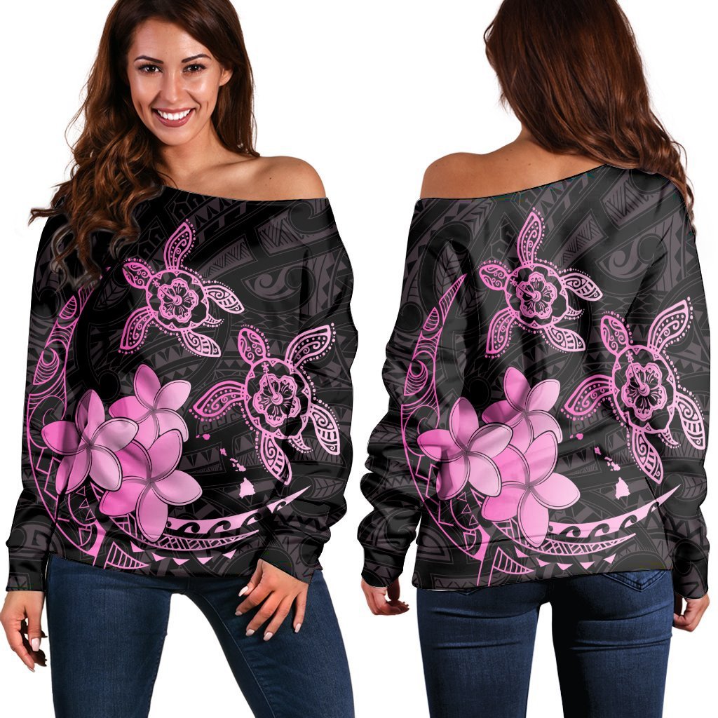 Hawaii Polynesian Turtle Plumeria Women's Off Shoulder Sweater - Pog Style Pink - AH Black - Polynesian Pride