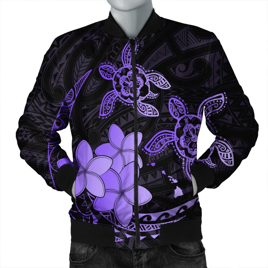 Hawaii Polynesian Turtle Plumeria Bomber Jacket - Pog Style Purple - AH Black Unisex - Polynesian Pride