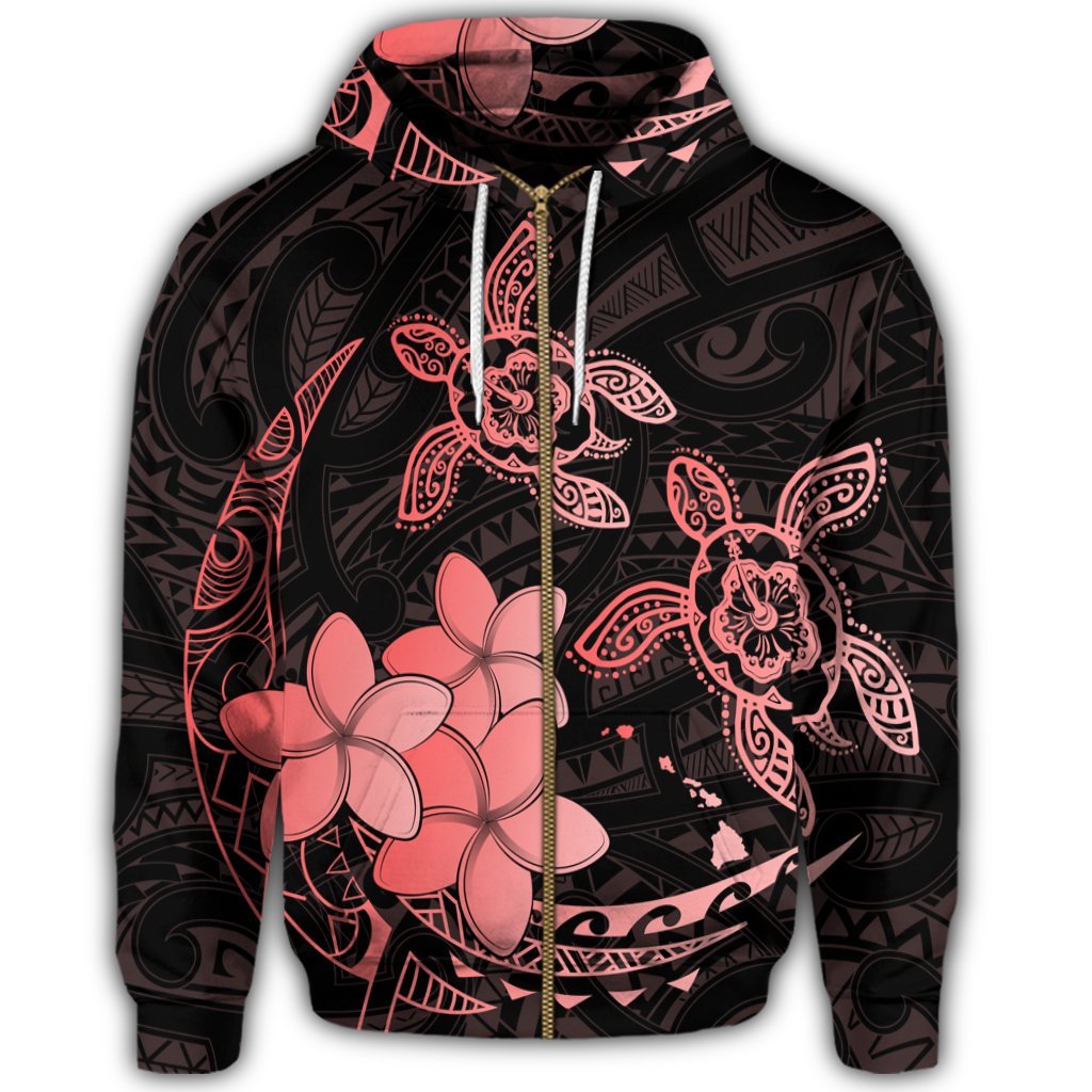 Hawaii Zip Hoodie Polynesian Turtle with Plumeria Pog Style Red - Polynesian Pride
