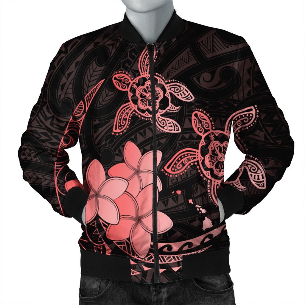 Hawaii Polynesian Turtle Plumeria Bomber Jacket - Pog Style Red - AH Black Unisex - Polynesian Pride