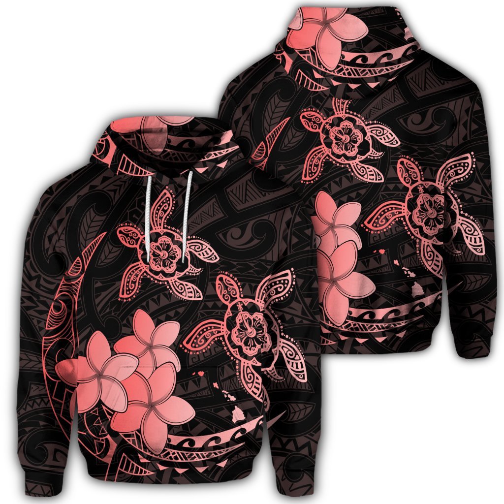 Hawaiian Polynesian Turtle Plumeria Hoodie Pog Style Red Unisex Art - Polynesian Pride