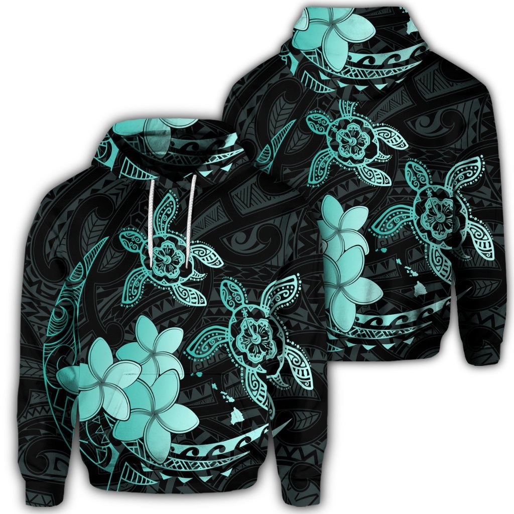 Hawaiian Polynesian Turtle Plumeria Hoodie Pog Style Turquoise Unisex Art - Polynesian Pride