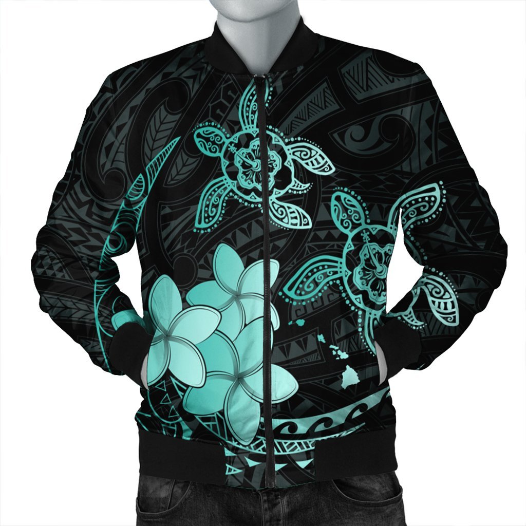 Hawaii Polynesian Turtle Plumeria Bomber Jacket - Pog Style Turquoise - AH Black Unisex - Polynesian Pride