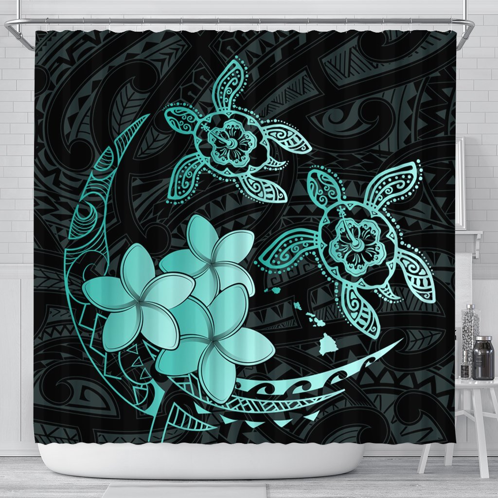 Hawaii Polynesian Turtle Plumeria Shower Curtain - Pog Style Turquoise - AH 177 x 172 (cm) Black - Polynesian Pride