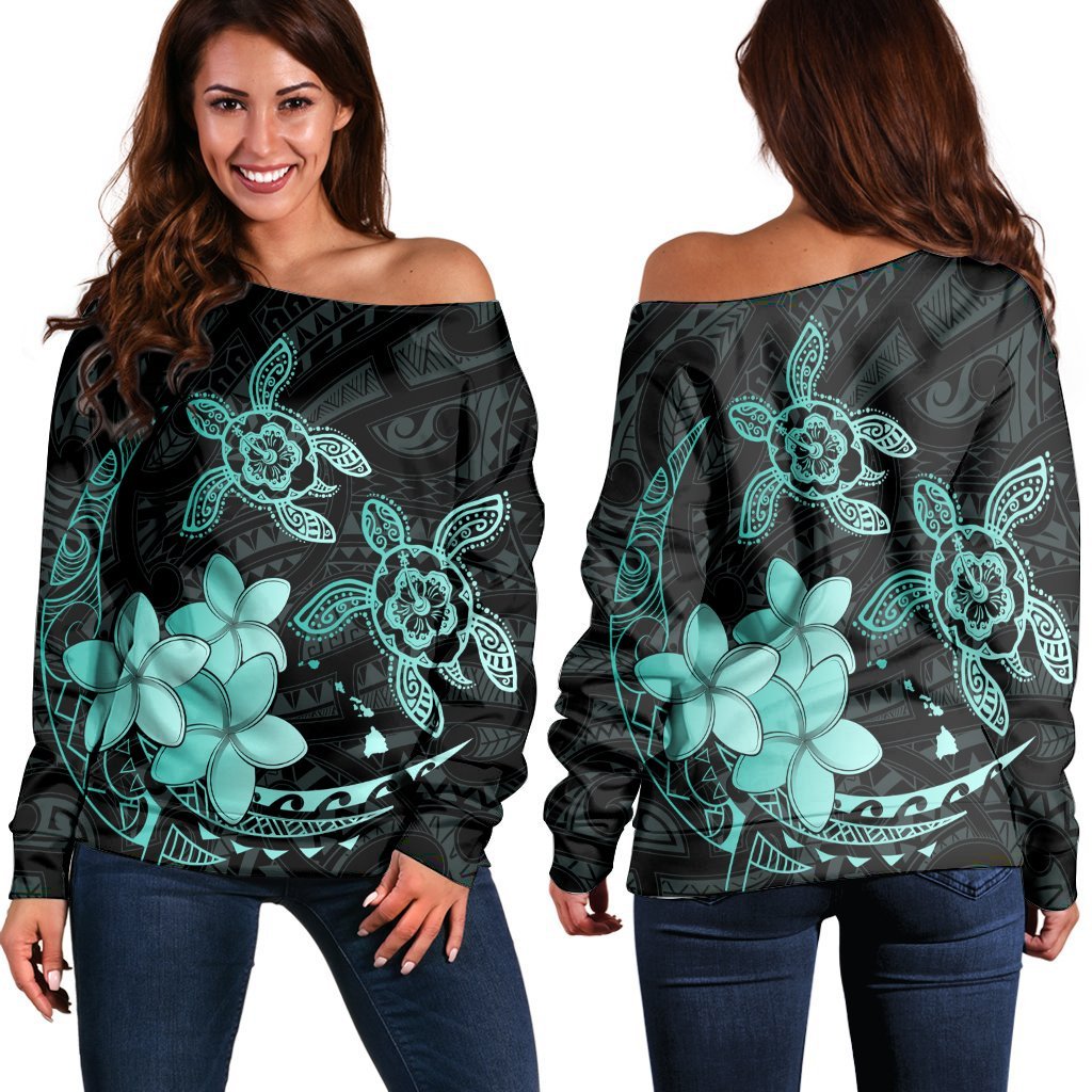 Hawaii Polynesian Turtle Plumeria Women's Off Shoulder Sweater - Pog Style Turquoise - AH Black - Polynesian Pride