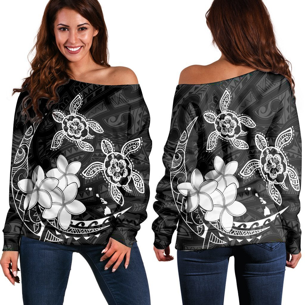 Hawaii Polynesian Turtle Plumeria Women's Off Shoulder Sweater - Pog Style White - AH Black - Polynesian Pride