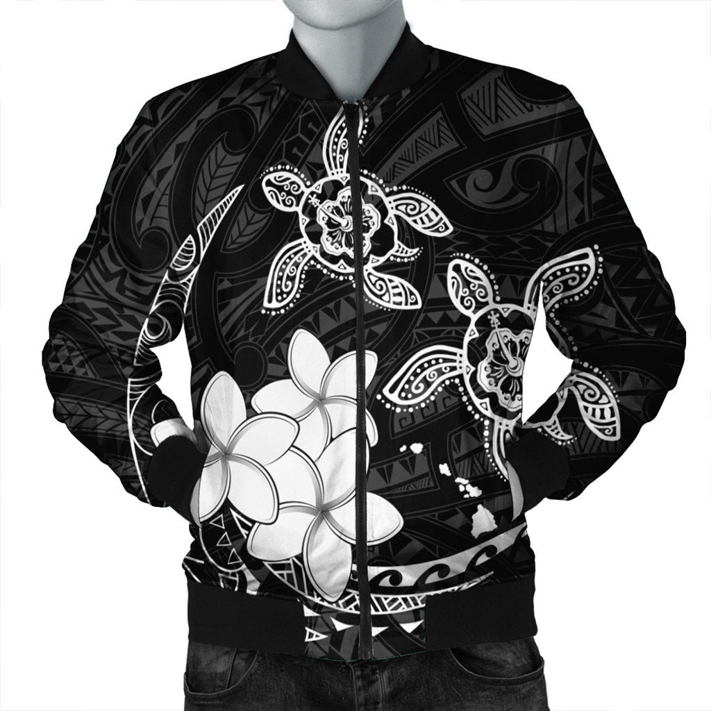 Hawaii Polynesian Turtle Plumeria Bomber Jacket - Pog Style White - AH Black Unisex - Polynesian Pride