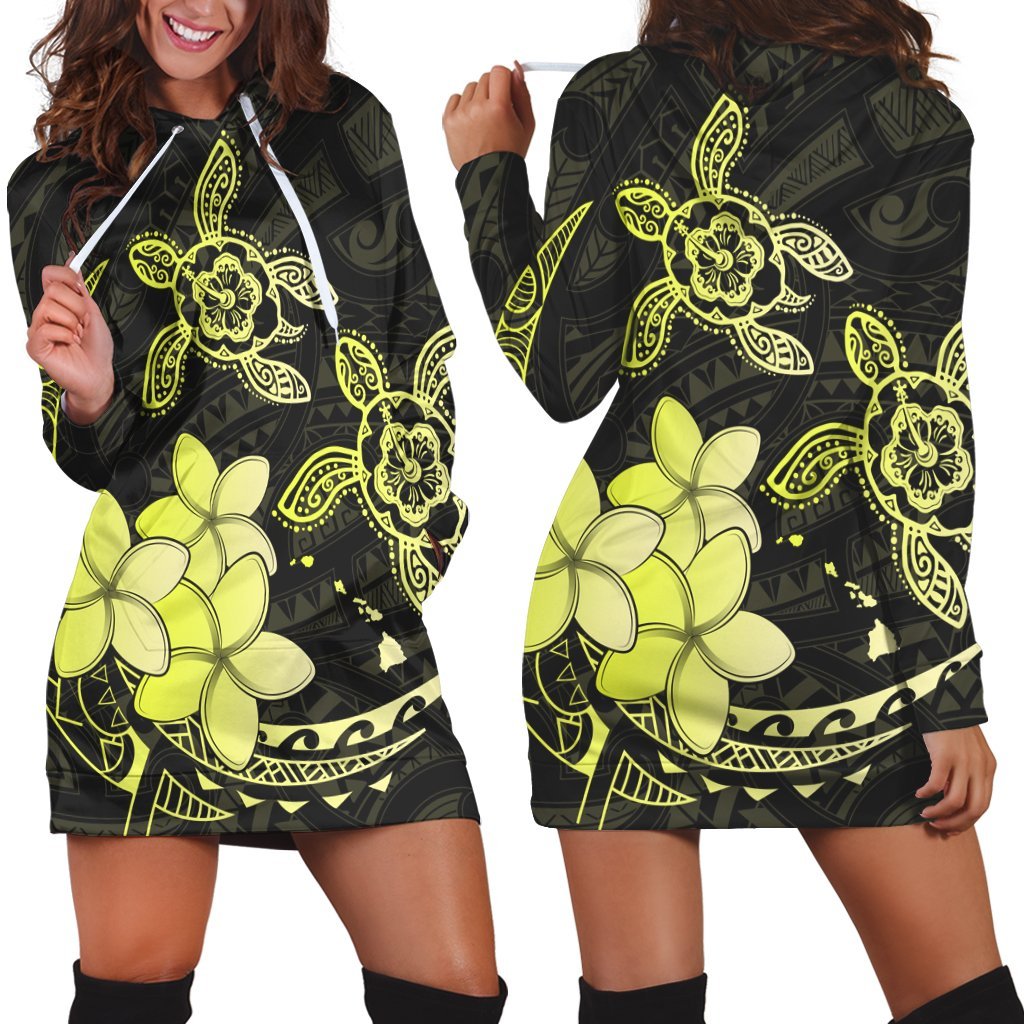 Hawaii Polynesian Turtle Plumeria Hoodie Dress - Pog Style Yellow - AH Black - Polynesian Pride