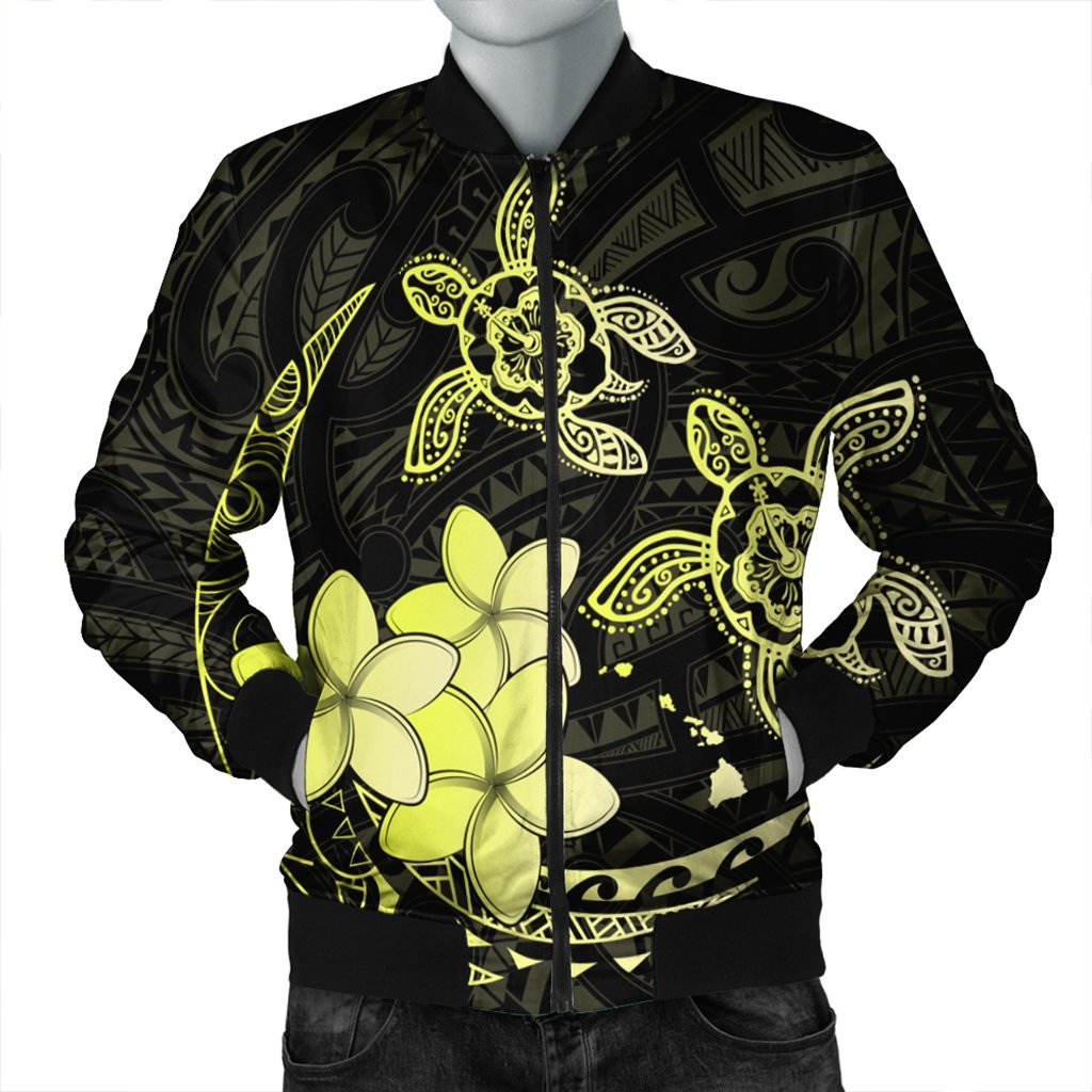 Hawaii Polynesian Turtle Plumeria Bomber Jacket - Pog Style Yellow - AH Black Unisex - Polynesian Pride