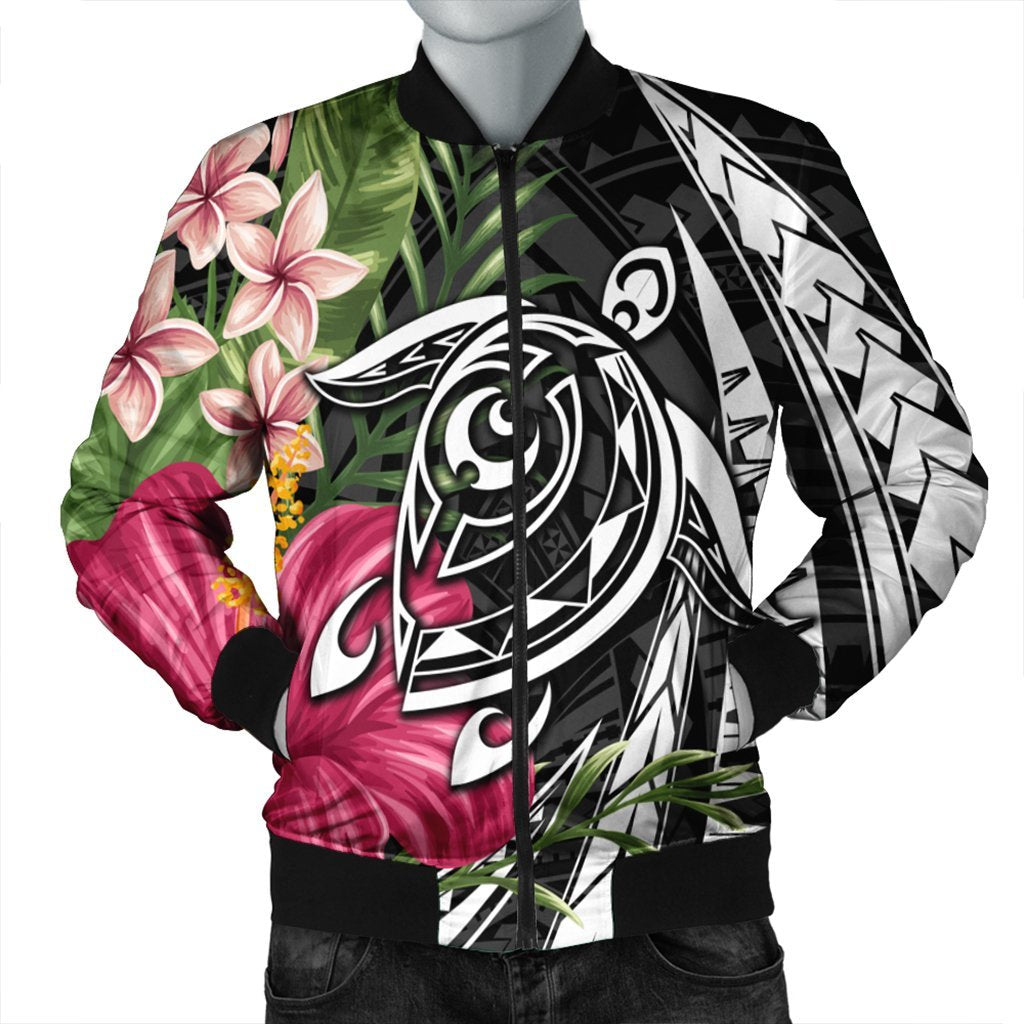 Hawaii Polynesian Turtle Tropical Hibiscus Plumeria Bomber Jacket - AH Black Unisex - Polynesian Pride