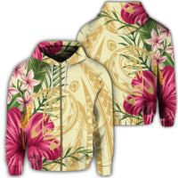 Hawaii Zip Hoodie Polynesian Turtle Tropical Hibiscus Plumeria Beige Unisex Art - Polynesian Pride