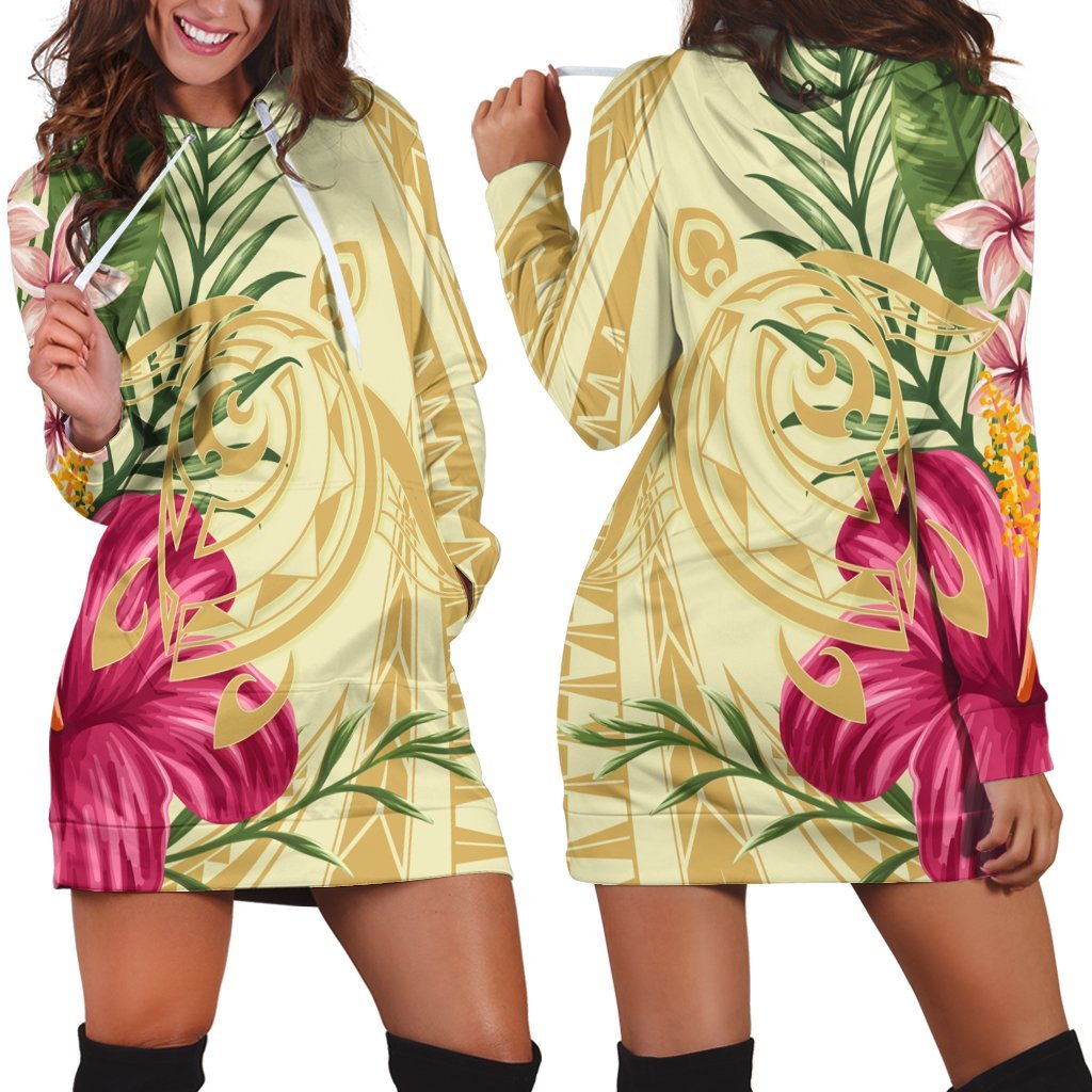 Hawaii Polynesian Turtle Tropical Hibiscus Plumeria Hoodie Dress - Beige - AH Black - Polynesian Pride