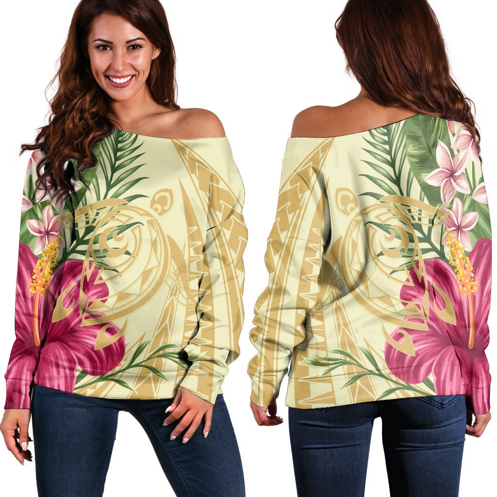 Hawaii Polynesian Turtle Tropical Hibiscus Plumeria Women's Off Shoulder Sweater - Beige - AH Black - Polynesian Pride