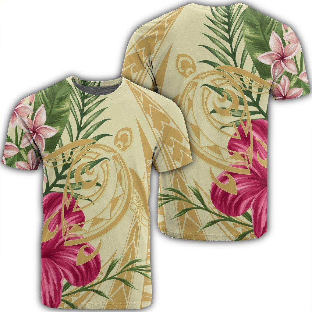 Hawaii Polynesian Turtle Tropical Hibiscus Plumeria T Shirt Beige Unisex Black - Polynesian Pride