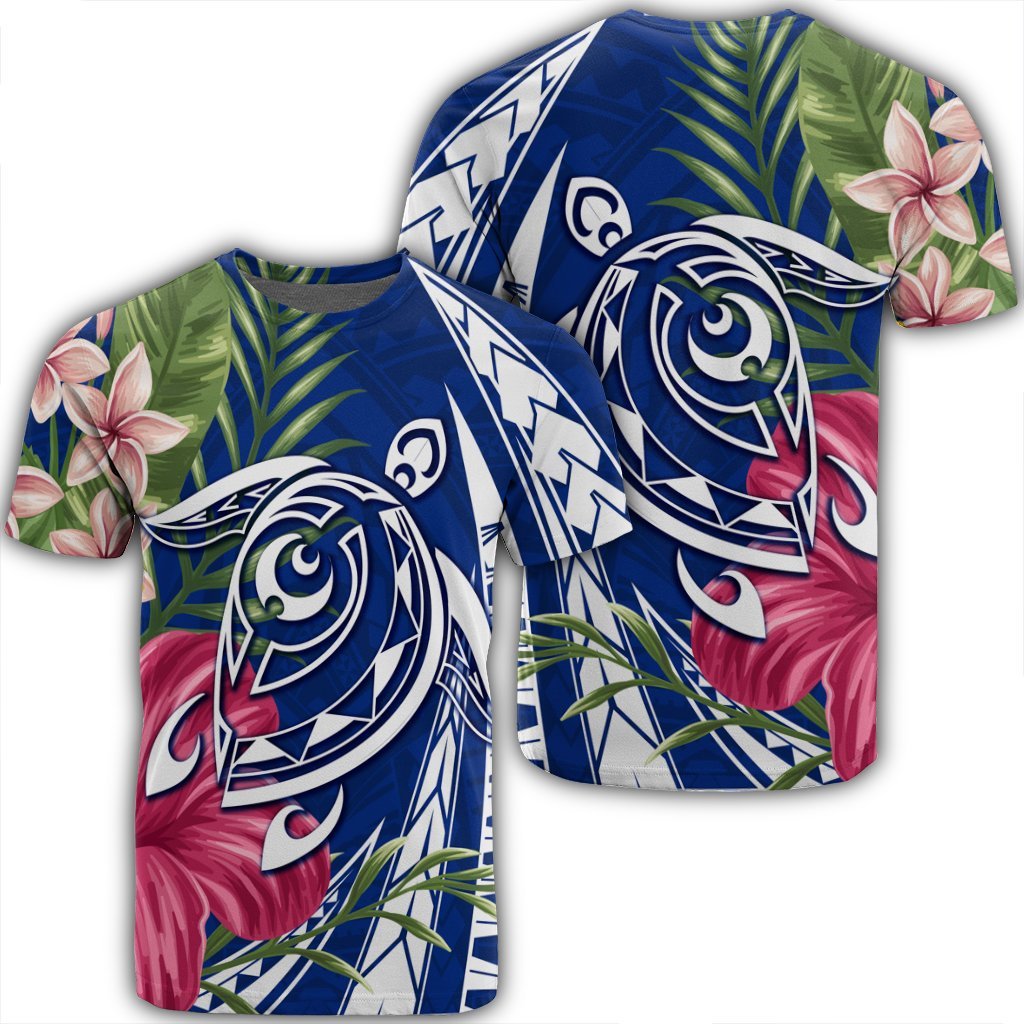 Hawaii Polynesian Turtle Tropical Hibiscus Plumeria T Shirt Blue Unisex Black - Polynesian Pride