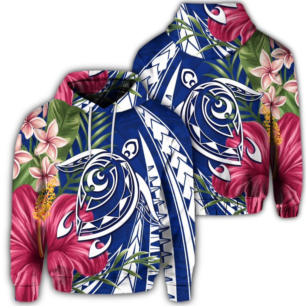 Hawaiian Polynesian Turtle Tropical Hibiscus Plumeria Hoodie Blue Unisex Art - Polynesian Pride