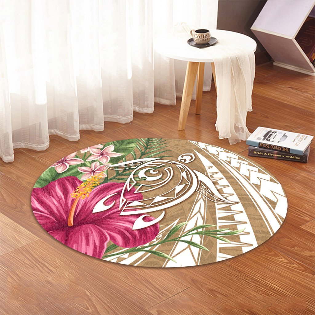 Hawaii Polynesian Turtle Tropical Hibiscus Plumeria Round Carpet - Gold - AH - Polynesian Pride