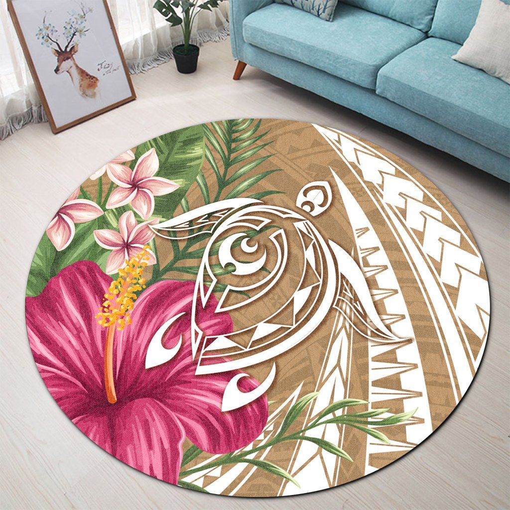Hawaii Polynesian Turtle Tropical Hibiscus Plumeria Round Carpet - Gold - AH - Polynesian Pride