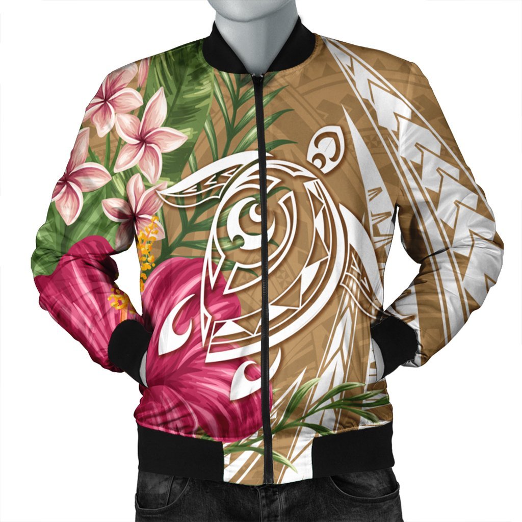 Hawaii Polynesian Turtle Tropical Hibiscus Plumeria Bomber Jacket - Gold - AH Black Unisex - Polynesian Pride