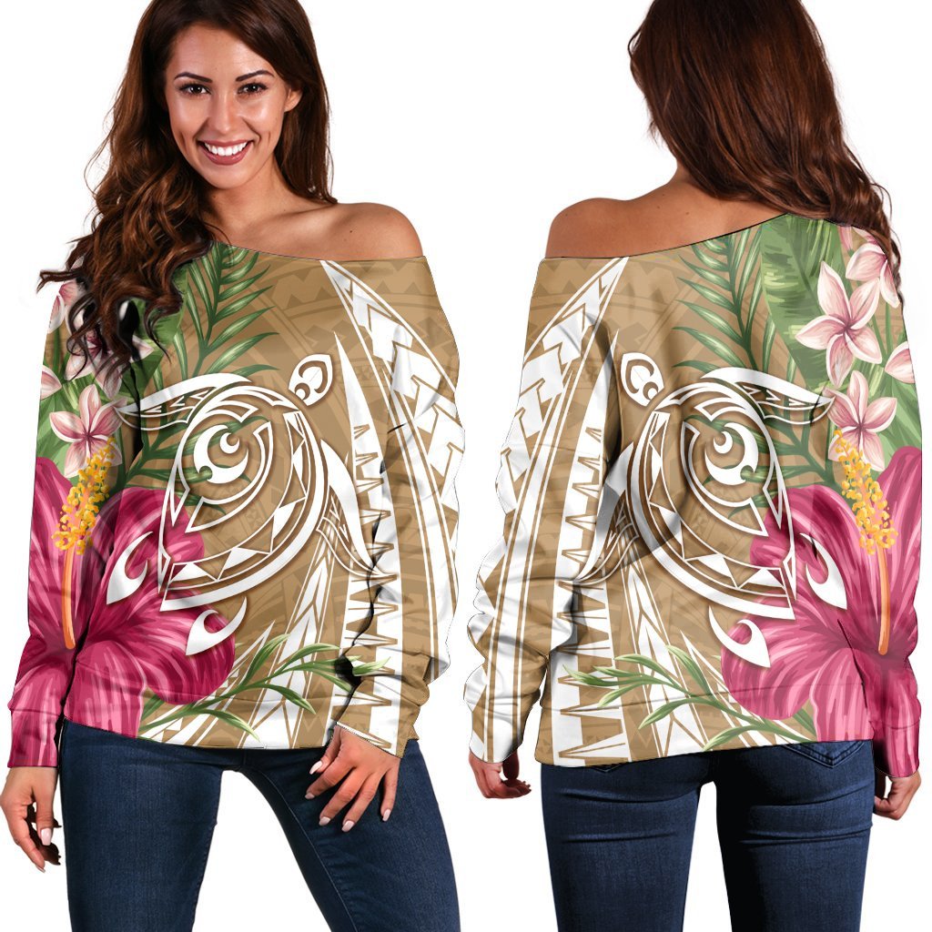 Hawaii Polynesian Turtle Tropical Hibiscus Plumeria Women's Off Shoulder Sweater - Gold - AH Black - Polynesian Pride