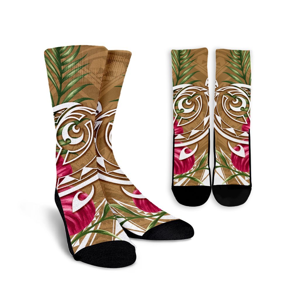 Hawaii Polynesian Turtle Tropical Hibiscus Plumeria Crew Socks - Gold - AH Crew Socks White - Polynesian Pride