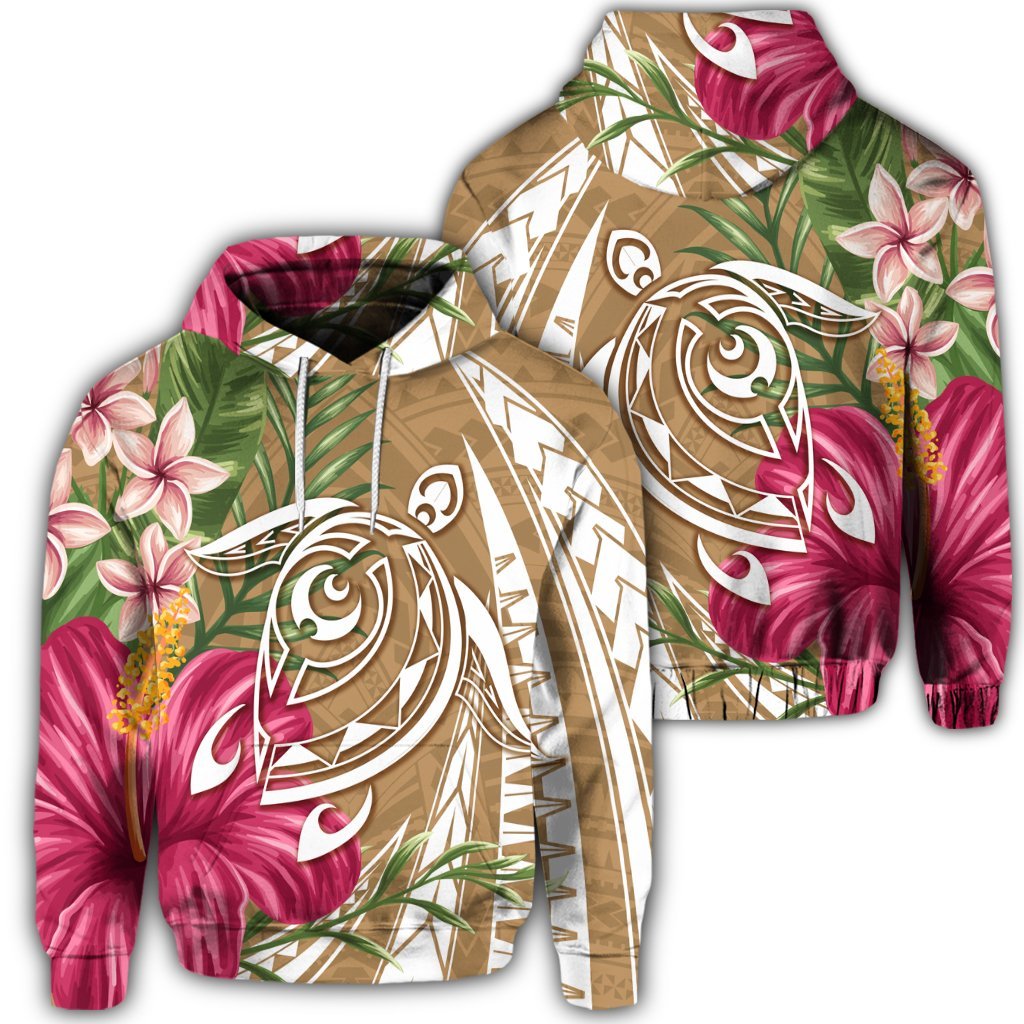 Hawaiian Polynesian Turtle Tropical Hibiscus Plumeria Hoodie Gold Unisex Art - Polynesian Pride