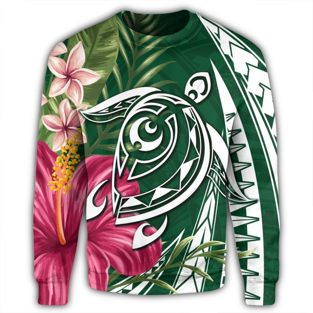 Hawaii Polynesian Turtle Tropical Hibiscus Plumeria Sweatshirt - Green - AH - Polynesian Pride