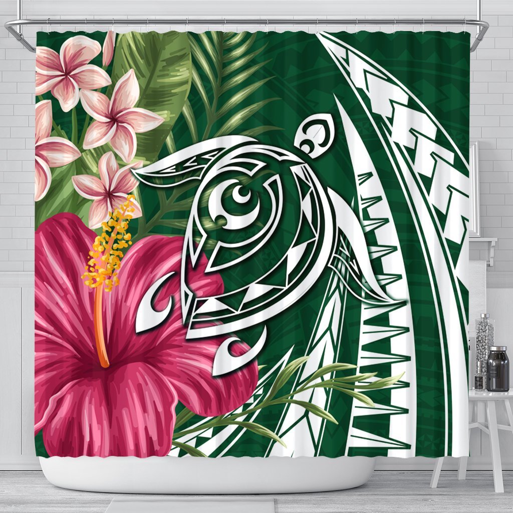 Hawaii Polynesian Turtle Tropical Hibiscus Plumeria Shower Curtain - Green - AH 177 x 172 (cm) Black - Polynesian Pride