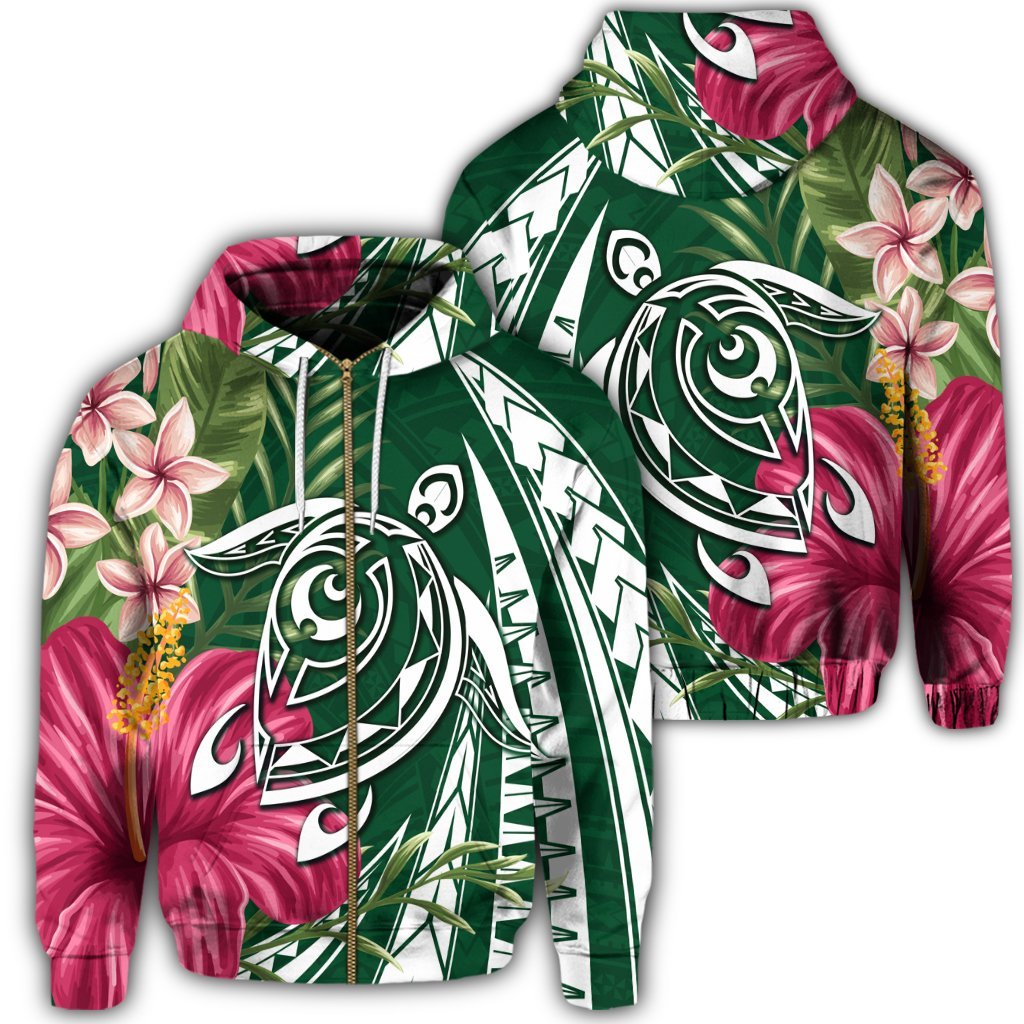 Hawaii Zip Hoodie Polynesian Turtle Tropical Hibiscus Plumeria Green Unisex Art - Polynesian Pride